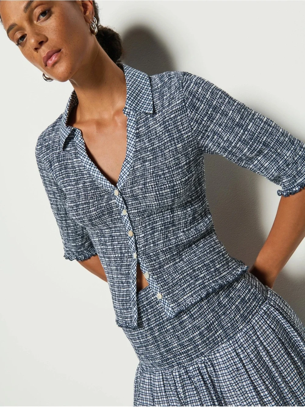 Women's Blue Peggy Nation Smocked Button-Front Top picnic check